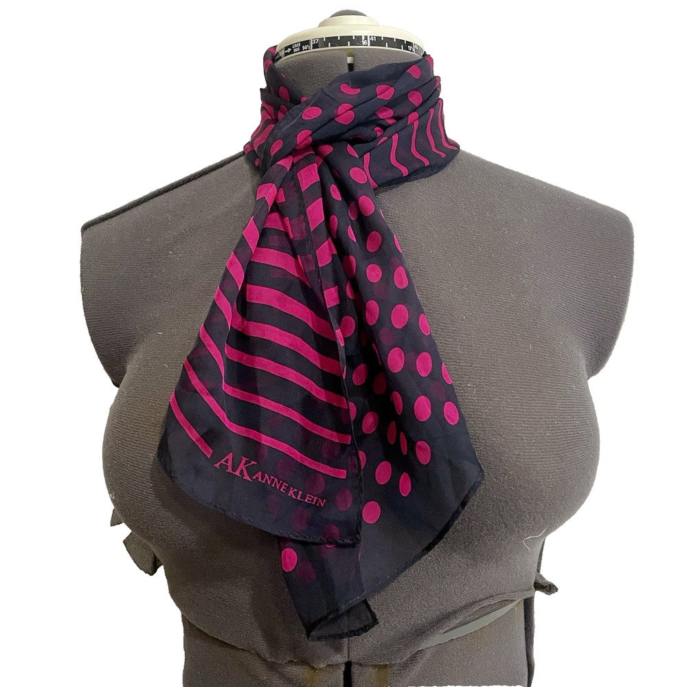 Vintage Anne Klein Rectangular Silk Scarf 10.5 X 53” Blue Pink Stripes Polka Dot